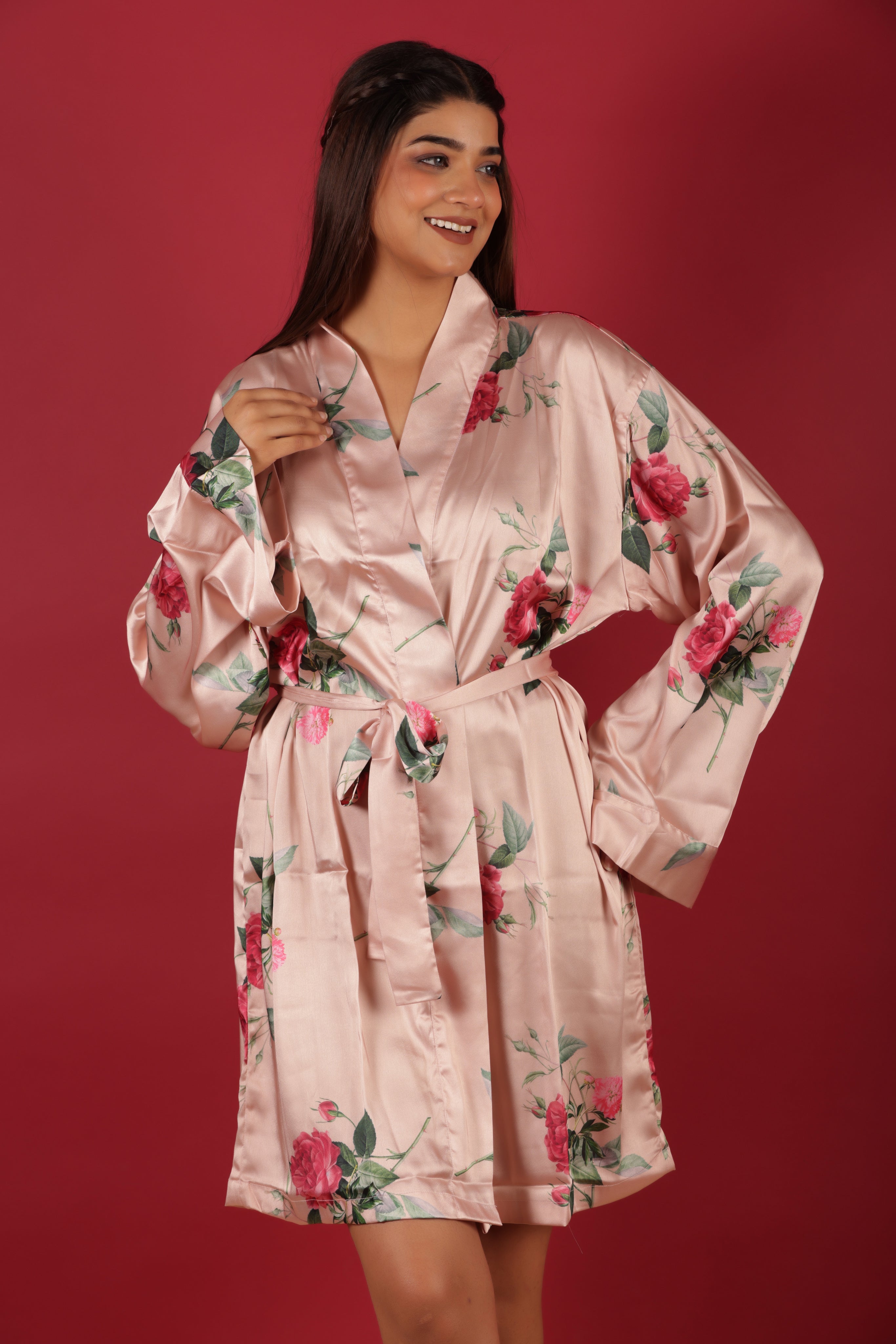 Bridal Party Probe Floral Printed Peach Bathrobe